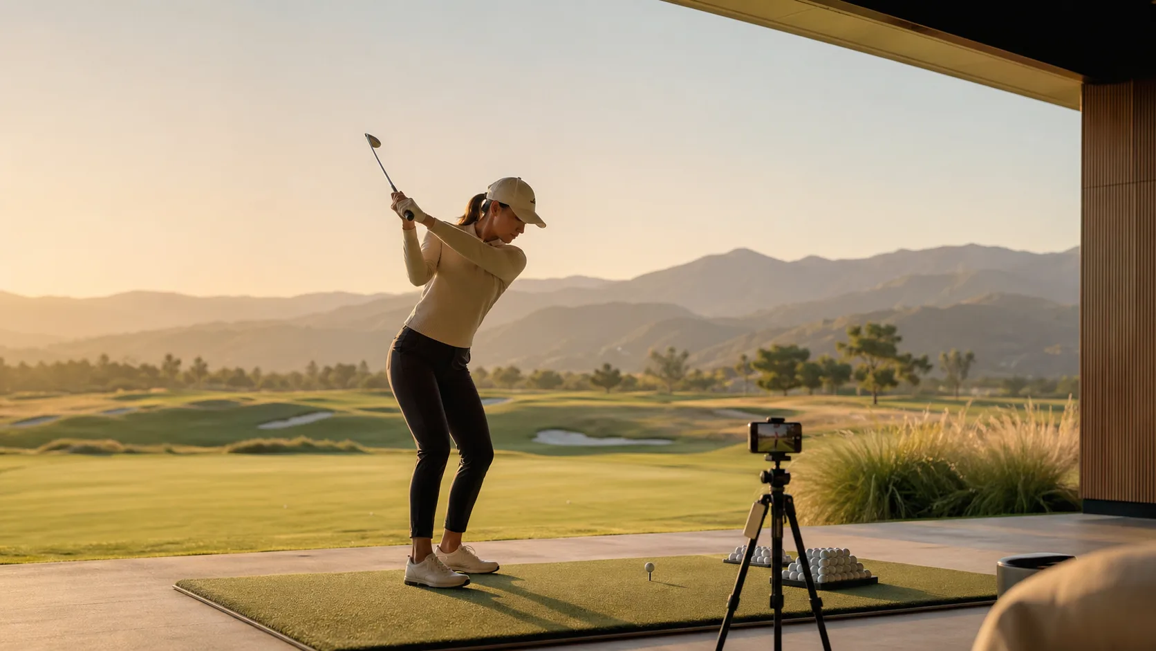 Golfer practicing at a driving range with a phone tripod capturing the swing