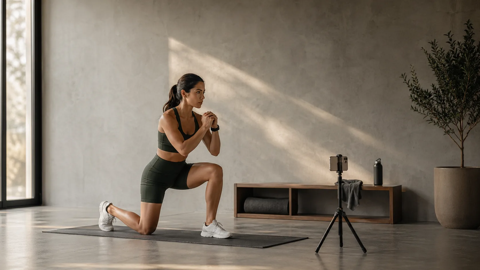 Athlete doing a bodyweight workout while a phone tripod captures full-body movement