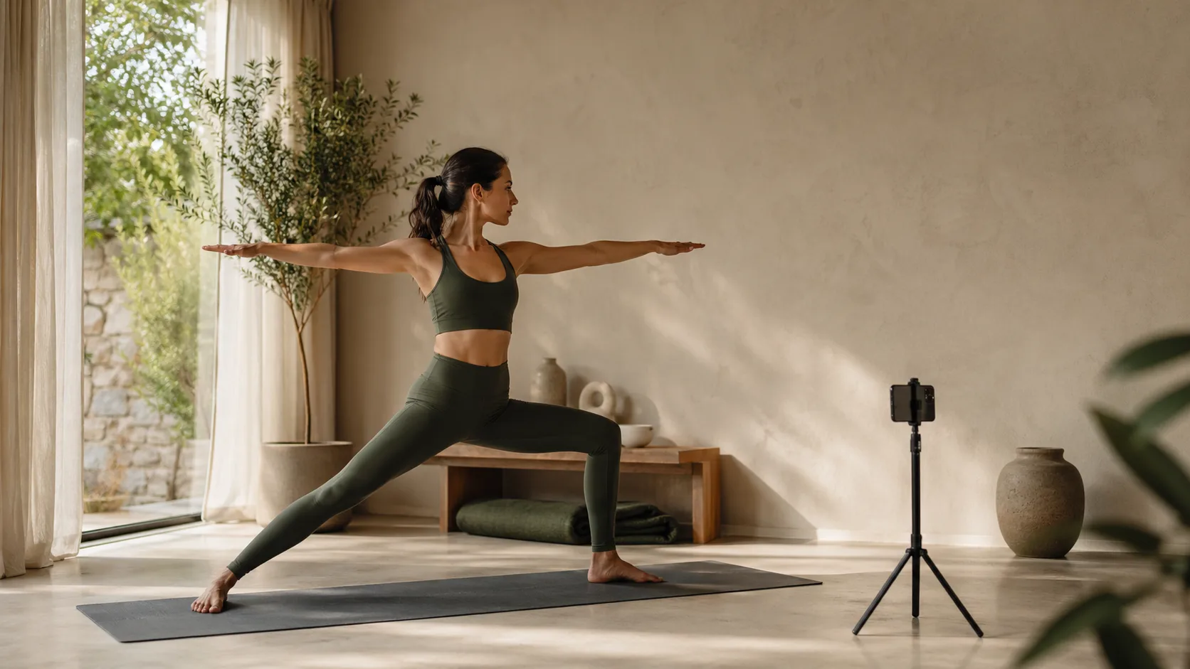 Yoga practitioner in a natural light studio with a phone tripod capturing the full body