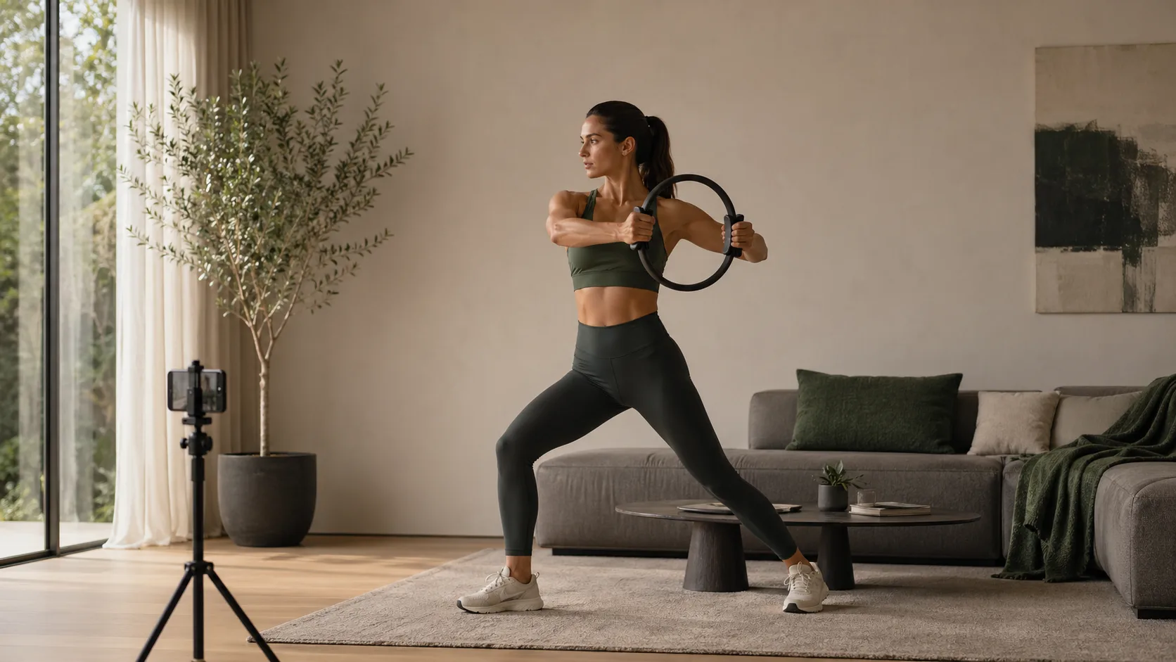Athlete using an unbranded fitness ring while a phone tripod captures movement